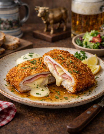 Cordon Bleu vom Schweinerücken, paniert mit Hinterschinken & Bergkäse