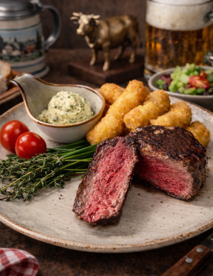 Rumpsteak mit Kroketten und Kräuterbutter